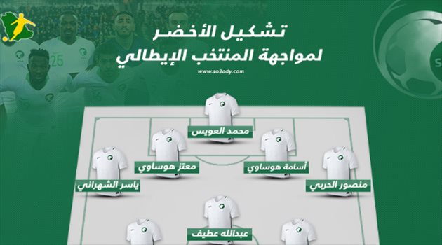 التشكيل الرسمي| السعودية تهاجم إيطاليا بالشهري وعسيري