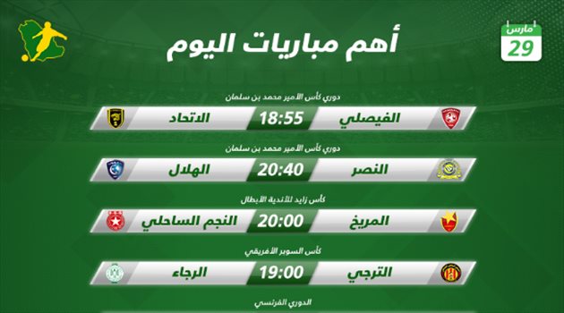 مباريات اليوم| كلاسيكو المملكة و"صدام كأس زايد" والسوبر الإفريقي