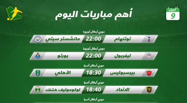 مباريات اليوم 9 إبريل مباريات اليوم| الأهلي والاتحاد في مهمة آسيوية.. وانطلاق ربع نهائي دوري أبطال أوروبا