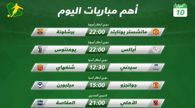 مباريات اليوم مباريات اليوم| قمة بين مانشستر يونايتد وبرشلونة.. ومواجهات حاسمة في دوري أبطال آسيا