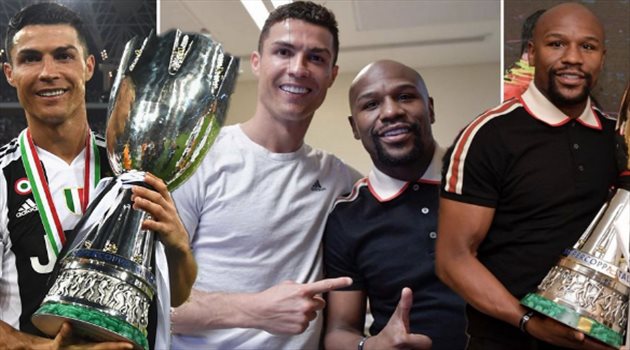 صور| من بطل لآخر .. رونالدو يحتفل بكأس السوبر الإيطالي مع مايويذر