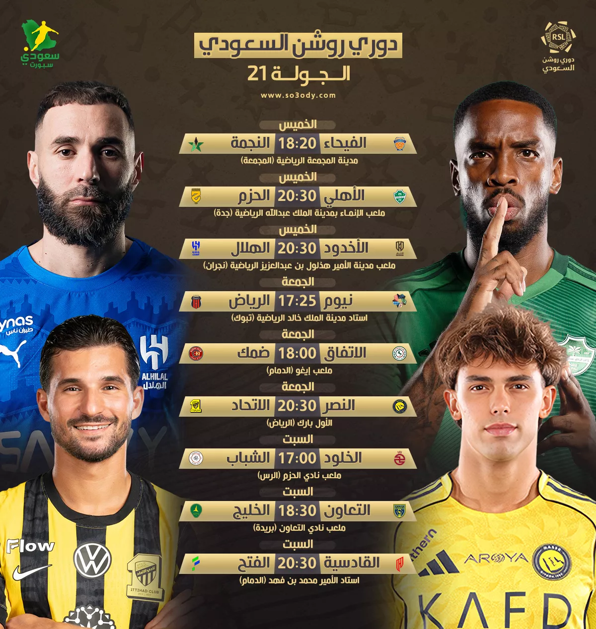 أبرز كلاسيكو النصر والاتحاد .. مباريات الجولة 21 في دوري روشن 