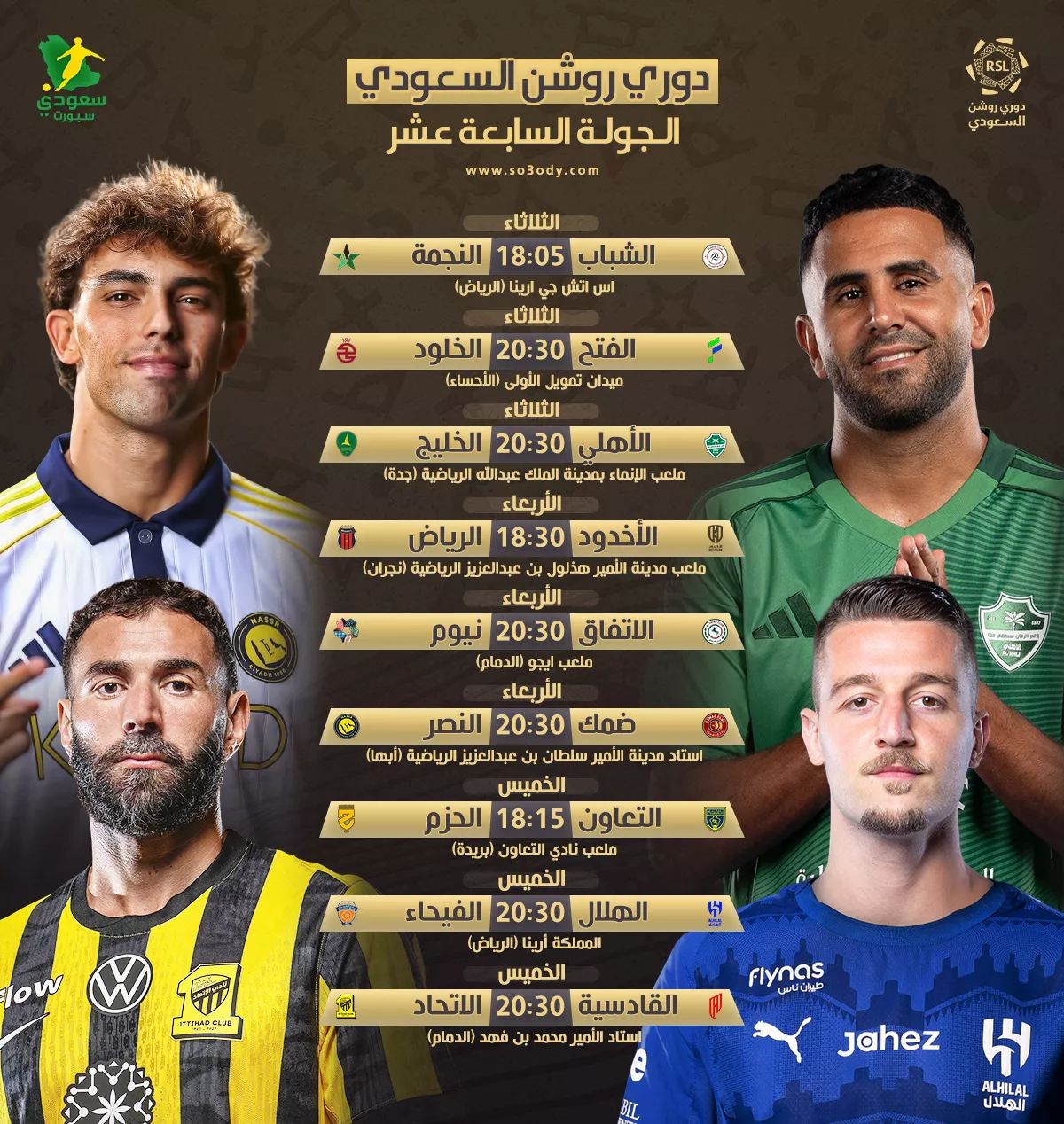 مواعيد مباريات الجولة 17 من دوري روشن السعودي والقنوات الناقلة 