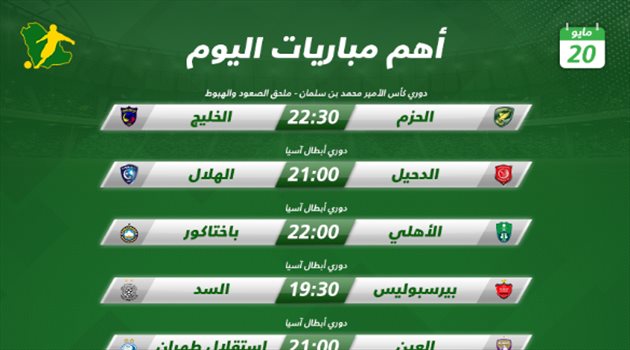 مباريات اليوم| الهلال والأهلي في مهمة آسيوية.. والحزم والخليج في الملحق