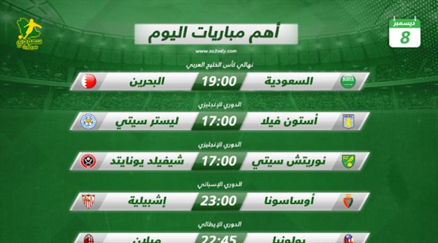 مباريات اليوم| السعودية والبحرين في نهائي خليجي 24
