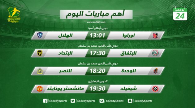 مباريات اليوم| الهلال يصارع أوراوا على "تاج آسيا".. والنصر يطمح لصدارة الدوري