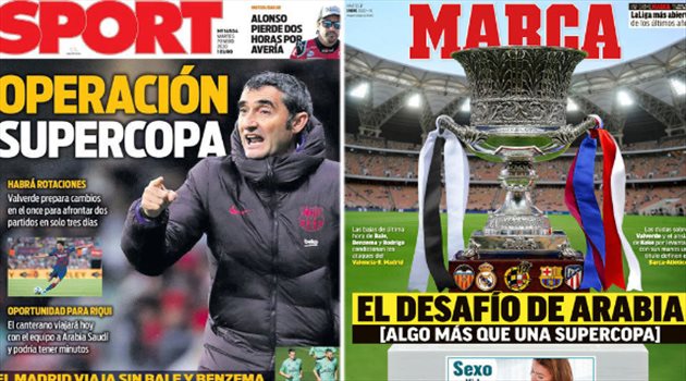 صحف العالم ليوم الثلاثاء.. إسبانيا تترقب سوبر جدة وصراع ناري بين رونالدو ولوكاكو