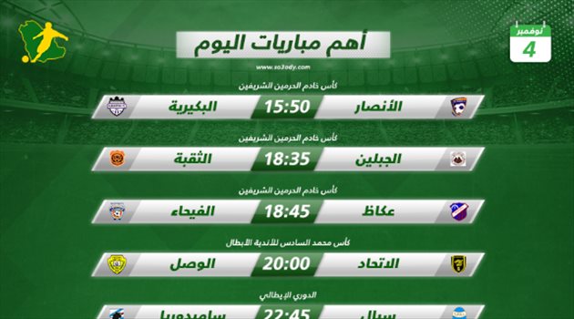  مباريات اليوم| الاتحاد يطمح للإطاحة بالوصل و3 مواجهات بكأس الملك