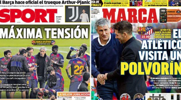 صحف العالم ليوم الثلاثاء.. توتر كبير في برشلونة قبل صدام أتلتيكو وكلوب يصدم جماهير ليفربول