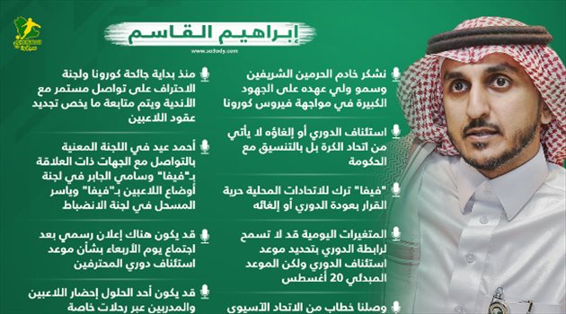"عودة الدوري ليست بيد الاتحاد ومركز الجابر في فيفا".. 10 تصريحات نارية من إبراهيم القاسم