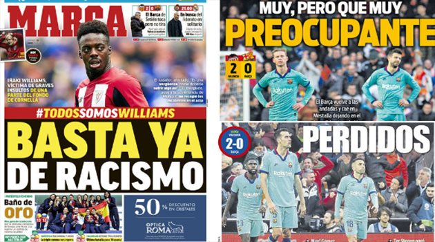 صحف العالم ليوم الأحد.. العنصرية تنتقل للدوري الإسباني وطوق نجاة جديد لجاريث بيل