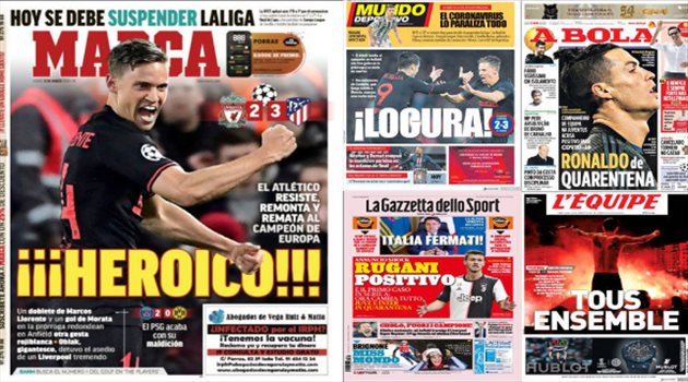 صحف العالم اليوم الخميس.. أوبلاك العملاق يحطم ليفربول وكورونا يغزو لاعبي يوفنتوس