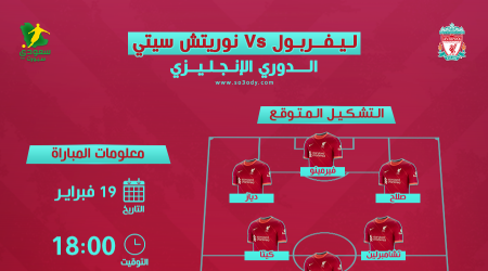 ليفربول ضد نوريتش سيتي.. التشكيل المتوقع والتوقيت والقناة الناقلة