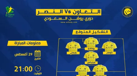  النصر ضد التعاون.. الموعد الرسمي والقنوات الناقلة وتشكيل مرعب للعالمي