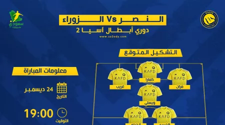 النصر ضد الزوراء العراقي | موعد المباراة والقناة والتشكيل المتوقع