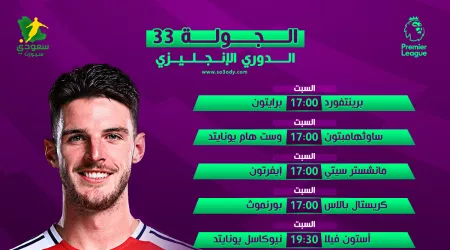 مواعيد مباريات الجولة 33 في الدوري الإنجليزي والقنوات الناقلة لها مواعيد مباريات الجولة 33 في الدوري الإنجليزي والقنوات الناقلة لها