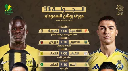 مواعيد مباريات الجولة الـ 33 من دوري روشن للمحترفين.. قمة بين الأهلي والاتفاق