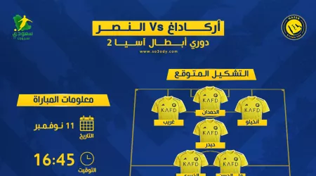  النصر ضد أركاداغ التركمانستاني في دوري أبطال آسيا 2 | موعد المباراة والقناة والتشكيل المتوقع
