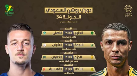مباريات الجولة 34 من دوري روشن السعودي.. النصر والهلال وليلة حسم تاريخية