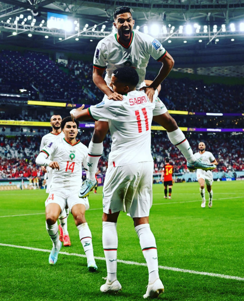 فرحة لاعبي المنتخب المغربي بعد تسجيل الهدف الأول في مرمى بلجيكا فرحة لاعبي المنتخب المغربي بعد تسجيل الهدف الأول في مرمى بلجيكا