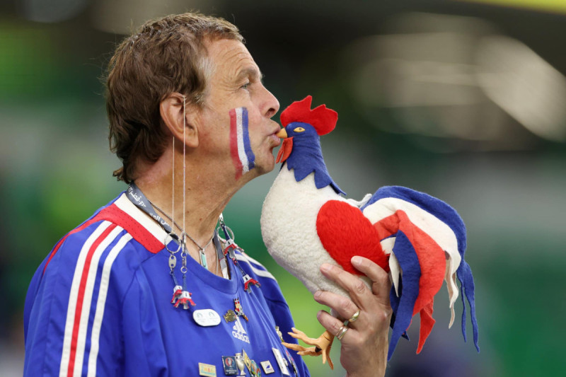 مشجع للمنتخب الفرنسي يحمل الديك الفرنسي الشهير أمام بولندا مشجع للمنتخب الفرنسي يحمل الديك الفرنسي الشهير أمام بولندا