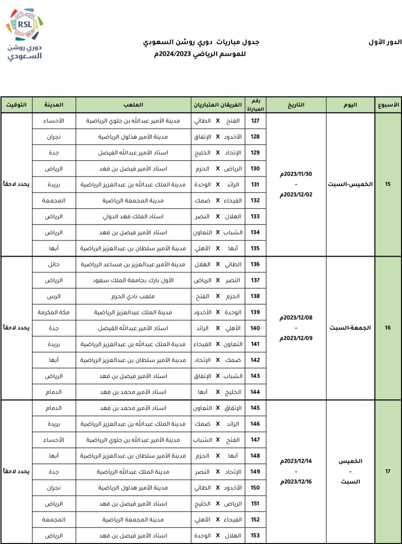 مواعيد وملاعب مباريات دوري روشن