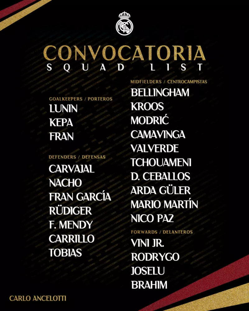 مفاجأة وحيدة بقائمة ريال مدريد لكأس السوبر الإسباني في الرياض